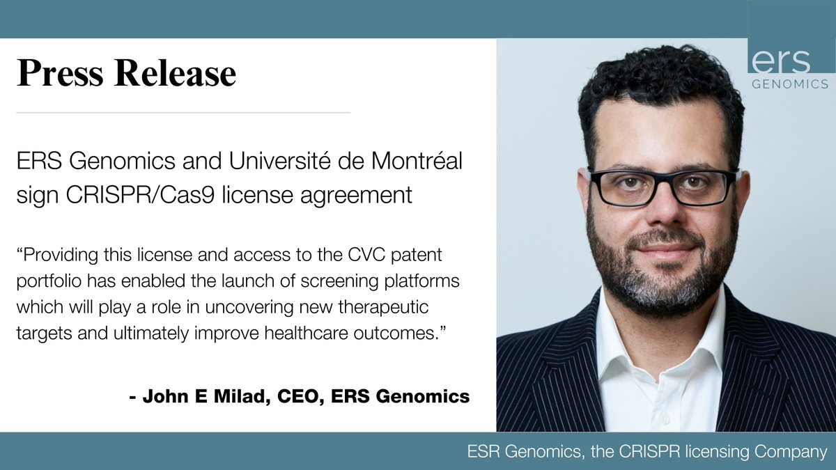 We’re excited to announce a #CRISPRCas9 license agreement with <a href="/UMontreal/">Université de Montréal</a>, a leading Canadian research institution renowned for scientific innovation &amp; tech transfer.
 
Access to CRISPR/Cas9 enables the launch of two screening facility platforms: shorturl.at/Ru39b