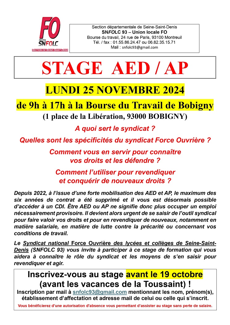 A l'attention des AED et AP : un stage de formation syndicale est organisé par le <a href="/snfolc93/">SNFOLC 93</a> le 25 novembre 2024.

Tous les AED et AP du 93 sont les bienvenus.

INSCRIVEZ-VOUS ! (avant le 19 octobre)
