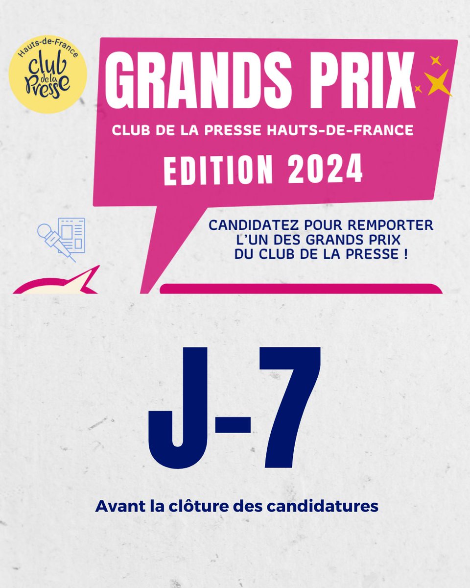 📢 Appel à candidature

𝐉-7 𝐚𝐯𝐚𝐧𝐭 𝐥𝐚 𝐜𝐥ô𝐭𝐮𝐫𝐞 𝐝𝐞𝐬 𝐜𝐚𝐧𝐝𝐢𝐝𝐚𝐭𝐮𝐫𝐞𝐬 𝐩𝐨𝐮𝐫 𝐥𝐞𝐬 𝐆𝐫𝐚𝐧𝐝𝐬 𝐏𝐫𝐢𝐱 𝐝𝐮 <a href="/ClubPresseHDF/">Club Presse HDF</a> !
Pour participer
👉clubdelapressehdf.fr/Les-Grands-Pri…

#GrandsPrix #ClubPresseHDF #J7 #Journalistes #Communicant #Magazines #Medias