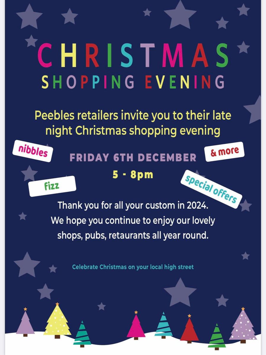PeeblesComics's tweet photo. Save the date! Our annual festive late night opening event will be held on Friday 6th December. Shops open late, nibbles and music and special offers all around our lovely town. Spread the word!
#PeeblesComicsandGames #peeblesbusinessandretailersassociation https://t.co/Ikw6q7Jnks