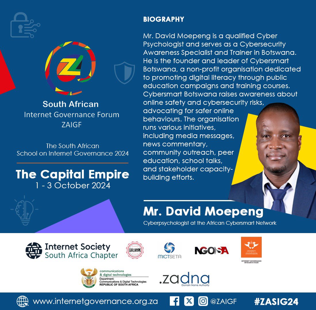 Excited to be speaking at the South African School on Internet Governance in Johannesburg, where I will be delivering a presentation on ‘Cyberpsychology for Business - Meaning and Area of Importance’
#BeCybersmart