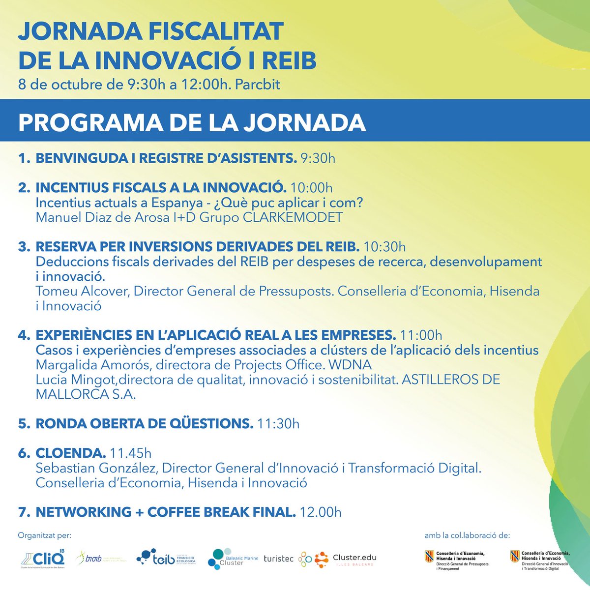Turistec (@turistec) on Twitter photo Los clústeres baleares convocan a sus empresas a una jornada de #fiscalidad de la #innovación. 
📅 8 octubre 2024
🕘 De 9:30h a 12:00h
📍 Sala de Prensa ParcBit (Palma)
🔗 Formulario de inscripción: lnkd.in/d4nKUfA9
#eventosTuristec #inversiones #REIB #cluster #Baleares Los clústeres baleares convocan a sus empresas a una jornada de #fiscalidad de la #innovación. 
📅 8 octubre 2024
🕘 De 9:30h a 12:00h
📍 Sala de Prensa ParcBit (Palma)
🔗 Formulario de inscripción: lnkd.in/d4nKUfA9
#eventosTuristec #inversiones #REIB #cluster #Baleares