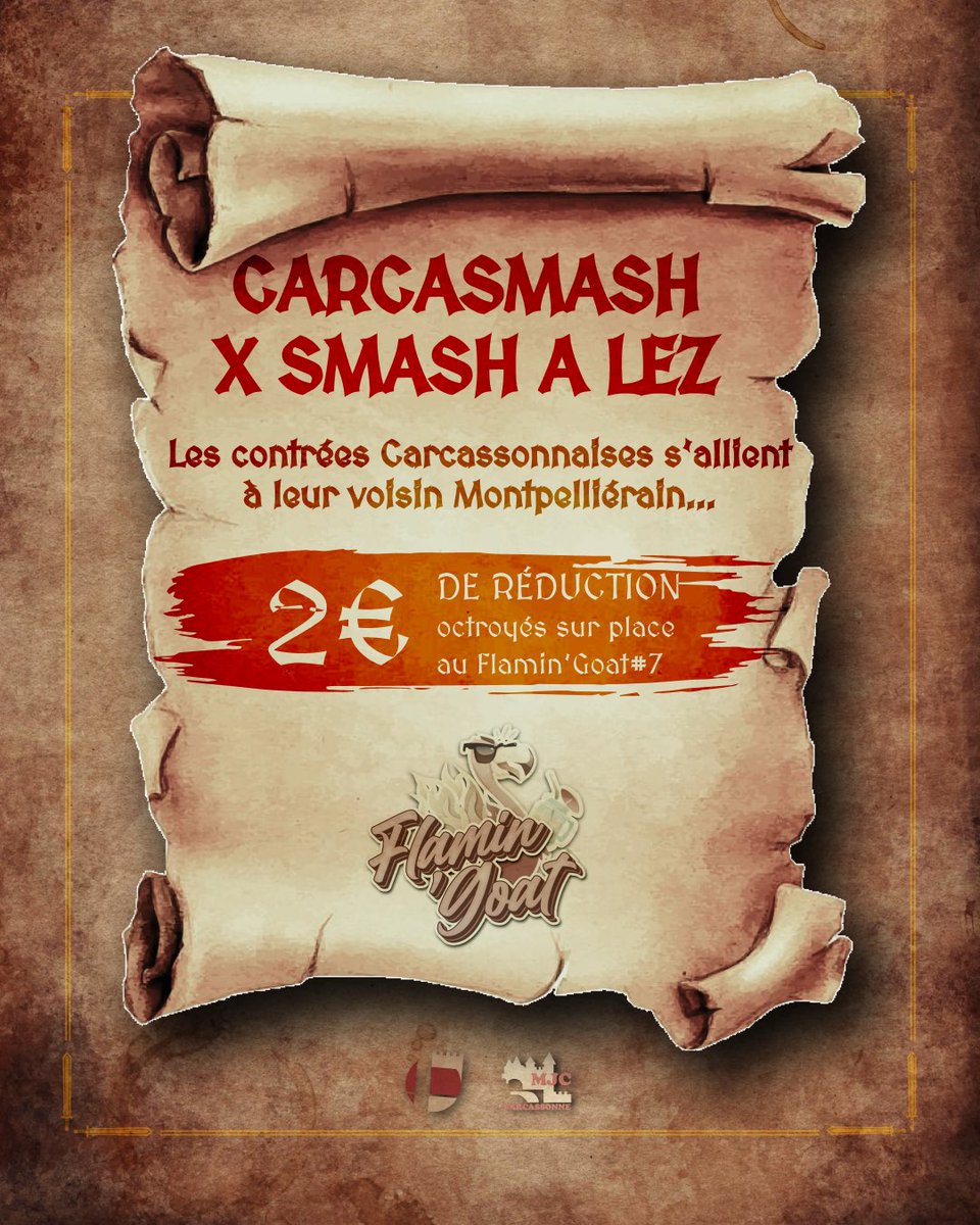 CarcaSmash's tweet image. Une alliance de taille s’annonce… Carca’Smash s’allie avec @SmashALez pour le Flaming’Goat #7 !

2€ de réduction si vous participez au Retour du Roi #1 !

start.gg/tournament/le-…