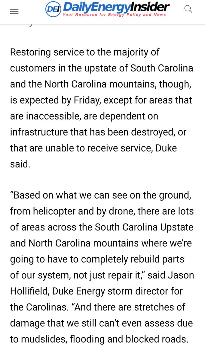 Duke Energy spox today: “Based on what we can see on the ground ... there are lots of areas across the South Carolina Upstate and North Carolina mountains where we’re going to have to completely rebuild parts of our system, not just repair it"
dailyenergyinsider.com/news/45507-hur…
