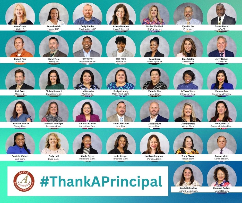 October is #NationalPrincipalsMonth!

We are so lucky to have this group of inspirational administrators in Alvin ISD, so please join us in saying 'Thank You' this month!

AND of course, be on the lookout for some fun videos showcasing these princiPALS! #ThankAPrincipal