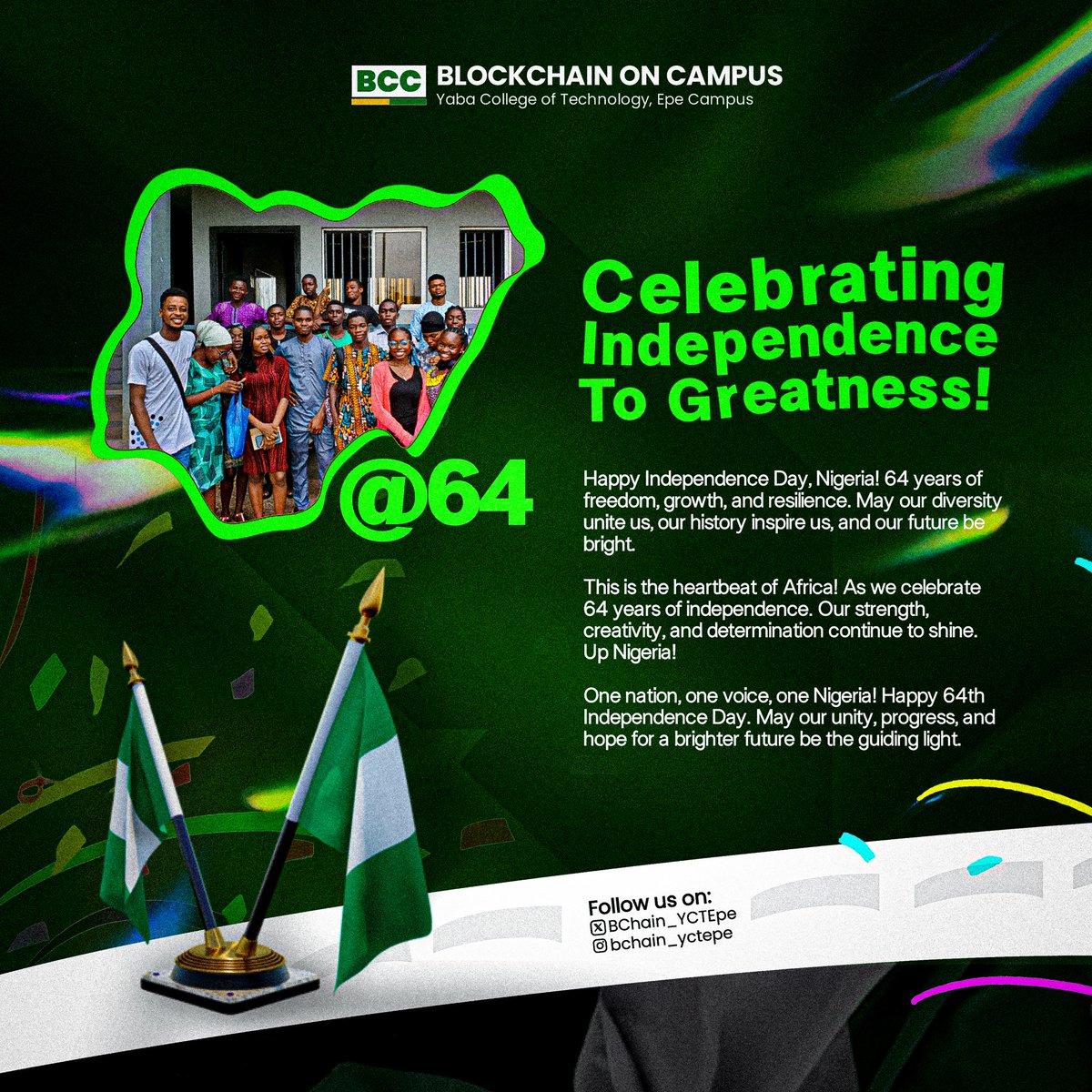 Bchain_YCTEpe's tweet photo. A proper Independence day to you and I from everyone at BCC.
Thank you for riding with us.
#BlockChainonCampus
#BCC
#BlockchainEducation
#FutureIsNow
#YCTEpe https://t.co/0j16k3jmz8