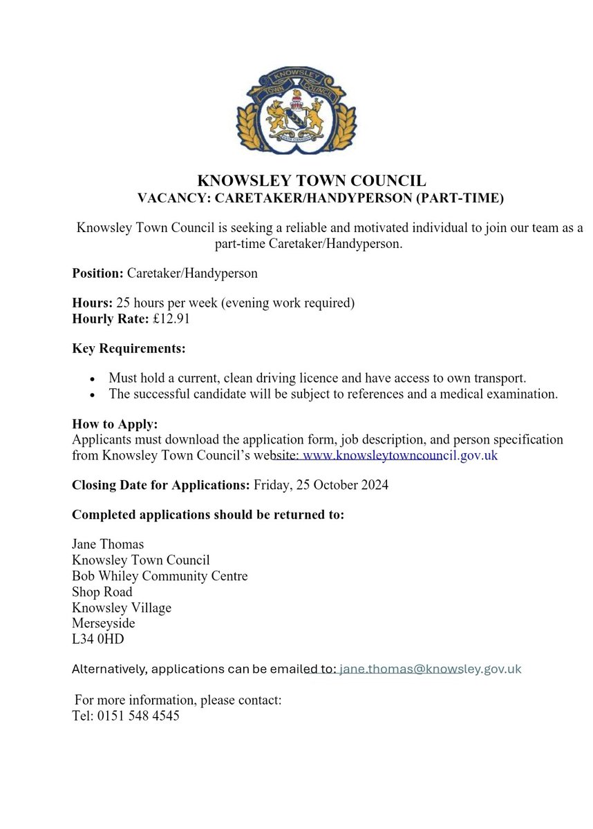Knowsley Town Council currently has a vacancy for a Part-time Caretaker/Handyperson (25 hours per week). Please see job advertisement below: