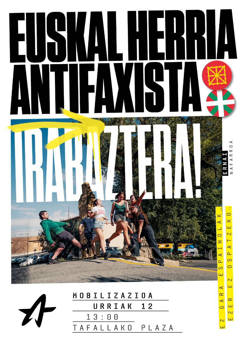 ErnaiNafarroa's tweet photo. Urriaren 12a Tafalla EUSKAL GAZTERIAZ BETEKO DUGU!

Mobilizazioaren ostean hurbildu Euskal Gazteriaren txokora😉

#FCKSPN
#EuskalHerriaAntifaxista
#U12Tafallara

🇪🇸
🔥 https://t.co/N5guYSZLDB