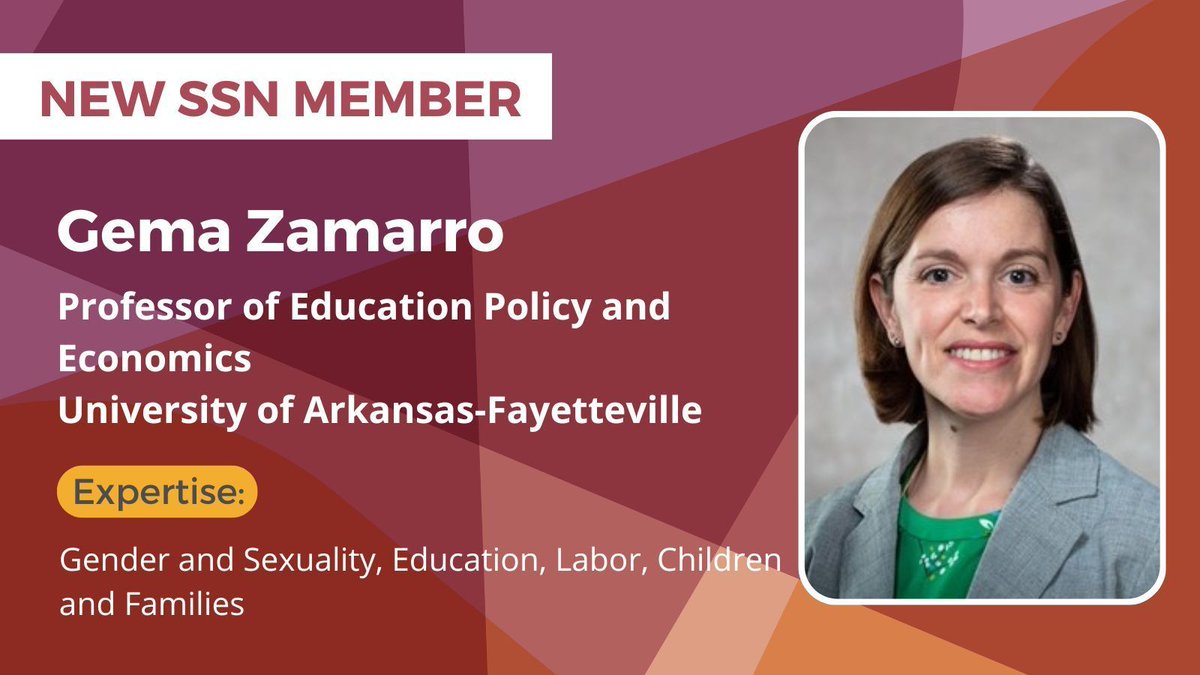 Scholars Strategy Network (bsky: @scholars.org) (@ssnscholars) on Twitter photo We are excited to welcome <a href="/gema_zamarro/">Dr. Gema Zamarro (she/her)</a> of <a href="/ua_edreform/">Dept. of Ed. Reform</a> to the network! Dr. Zamarro's research focuses on the areas of education policy and labor economics. Her work has helped inform policy at the national and state levels.
Read more: buff.ly/3B8Px0s We are excited to welcome <a href="/gema_zamarro/">Dr. Gema Zamarro (she/her)</a> of <a href="/ua_edreform/">Dept. of Ed. Reform</a> to the network! Dr. Zamarro's research focuses on the areas of education policy and labor economics. Her work has helped inform policy at the national and state levels.
Read more: buff.ly/3B8Px0s