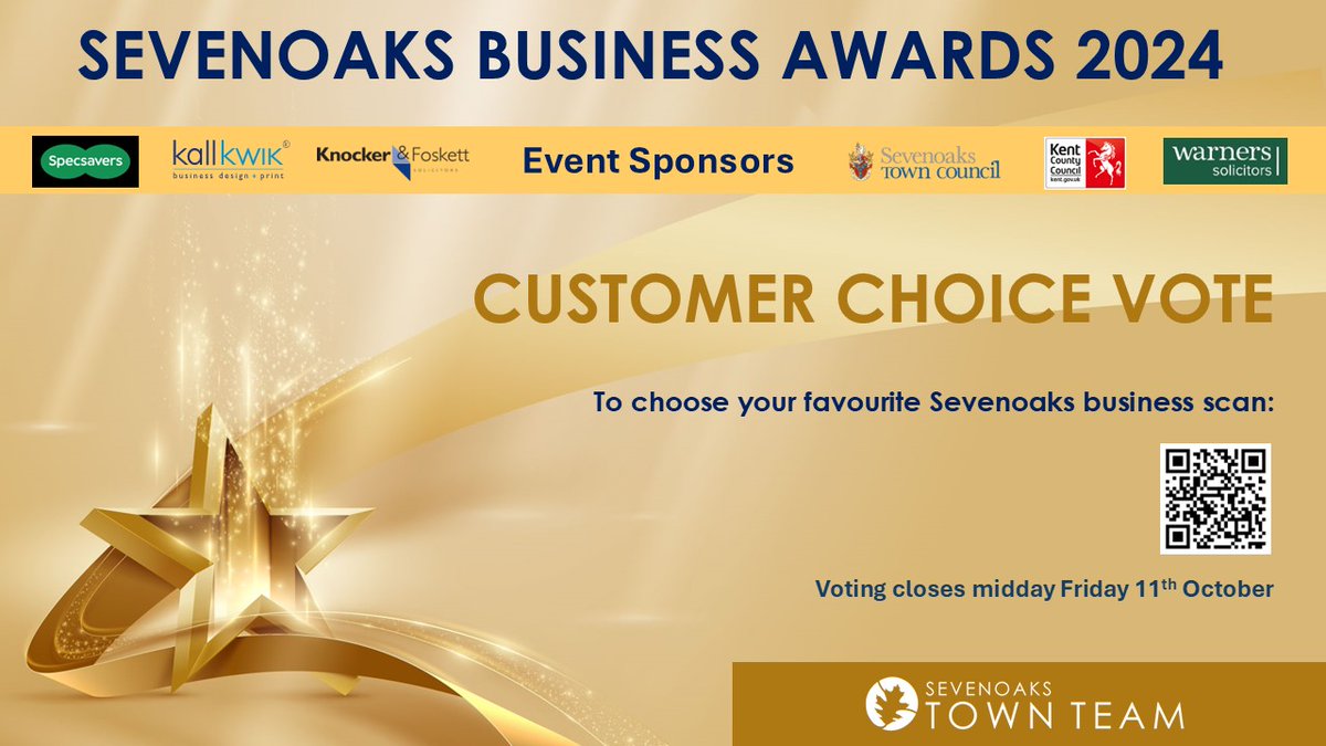 #Sevenoaks #Business Awards 2024 - the vote is open in the Customer Choice category! There's one vote per person/device so choose carefully.  Use the QR code or click : surveymonkey.com/r/SGGQZW3
Tickets for Gala Awards dinner on Friday 18 Oct click here: rb.gy/uxeamc