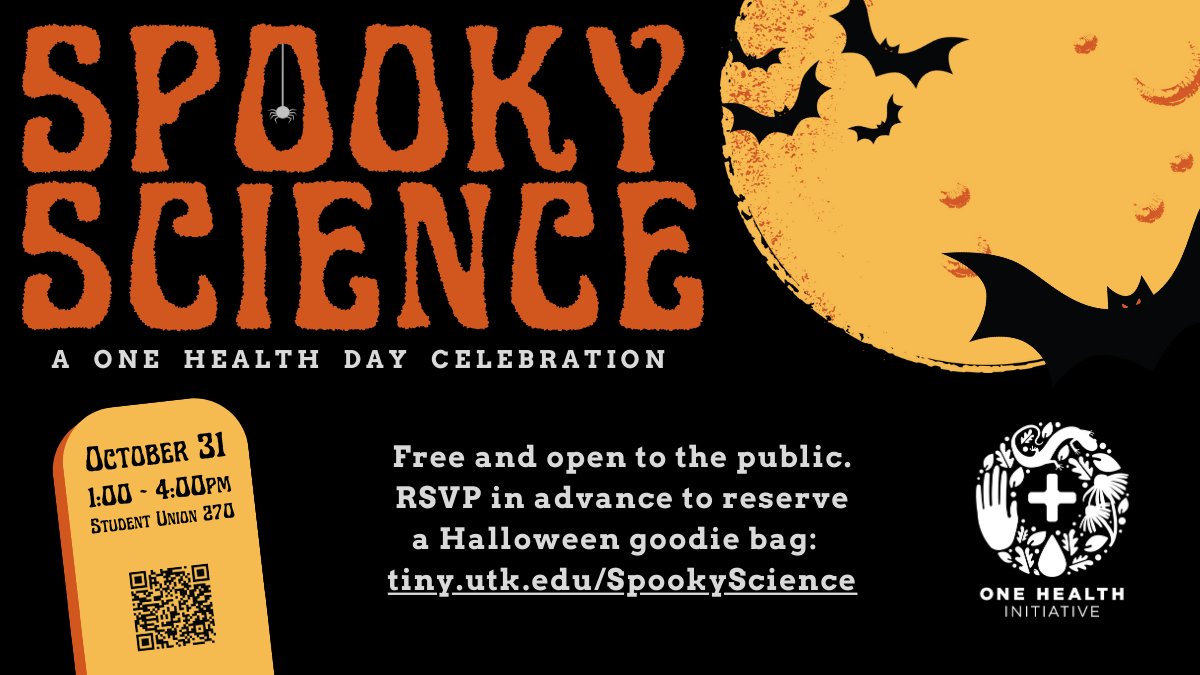 UTOneHealth's tweet image. Microbes and witches and bats, oh my! Join us on Halloween for Spooky Science, an afternoon of bone-chilling research, tricks, and treats. From decomposing bodies to vampire bats to the dark side of chocolate, this event will send shivers down your spine! tiny.utk.edu/SpookyScience