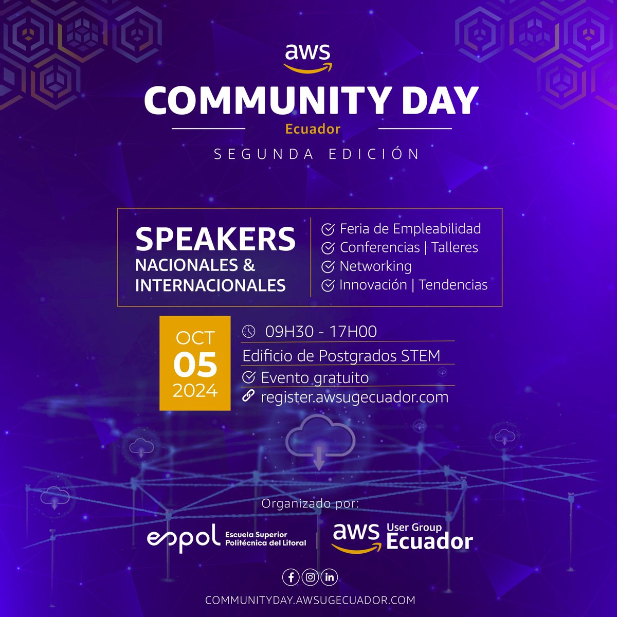 espol_fiec's tweet image. Te invitamos a la segunda edición de AWS Community Day Ecuador 2024, un evento repleto de charlas inspiradoras y oportunidades para crecer en tecnología y cloud. ☁️💡

📅 Fecha: 5 de octubre 2024
⏰ Hora: 9:30 AM
📍 Lugar: Edificio STEM, ESPOL
🔗 Link: register.awsugecuador.com