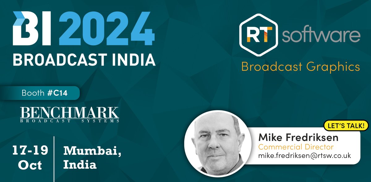 🚀 RT Software is heading to Broadcast India 2024! 🚀

We are excited to announce that Mike Fredriksen, our Commercial Director, will be at Broadcast India 2024 in Mumbai from October 17th to 19th. 🎥

Meet Mike at Booth #C14 (in partnership with Benchmark Broadcast Systems) to