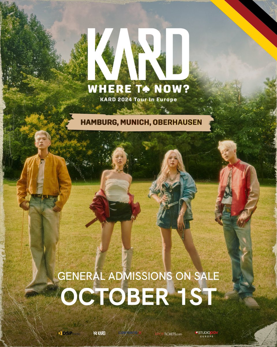 StudioPAVEurope's tweet photo. #HIDDENKARD in Germany, are you ready? Concert admission tickets, general sale of benefits, and Standard Snapshots for ️ ♠️ KARD 2024 TOUR [Where To Now?] in Europe ♠️ go on sale today, Oct 1!

⏰3pm BST/4pm CEST: General Admissions on sale
⏰4pm BST/5pm CEST: VVIP+ General sale
⏰5pm BST/6pm CEST: All Benefits and Standard Snapshots on sale

Get yours at 🔗https://t.co/jzMKIZcsrM!

#KARD #카드 #WhereToNow #KARDInEurope