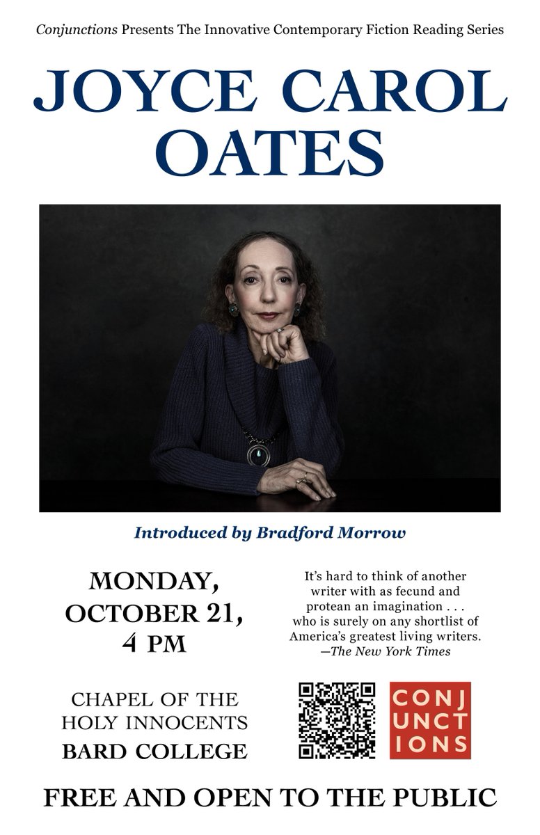 The leaves are changing, there's a chill in the air, and Joyce Carol Oates—who is co-editing Conjunctions:83, Revenants, The Ghost Issue—will be giving a spine-tingling reading at Bard College on Monday Oct. 21 @ 4 p.m. in the Chapel of the Holy Innocents. Come join us! 🍂