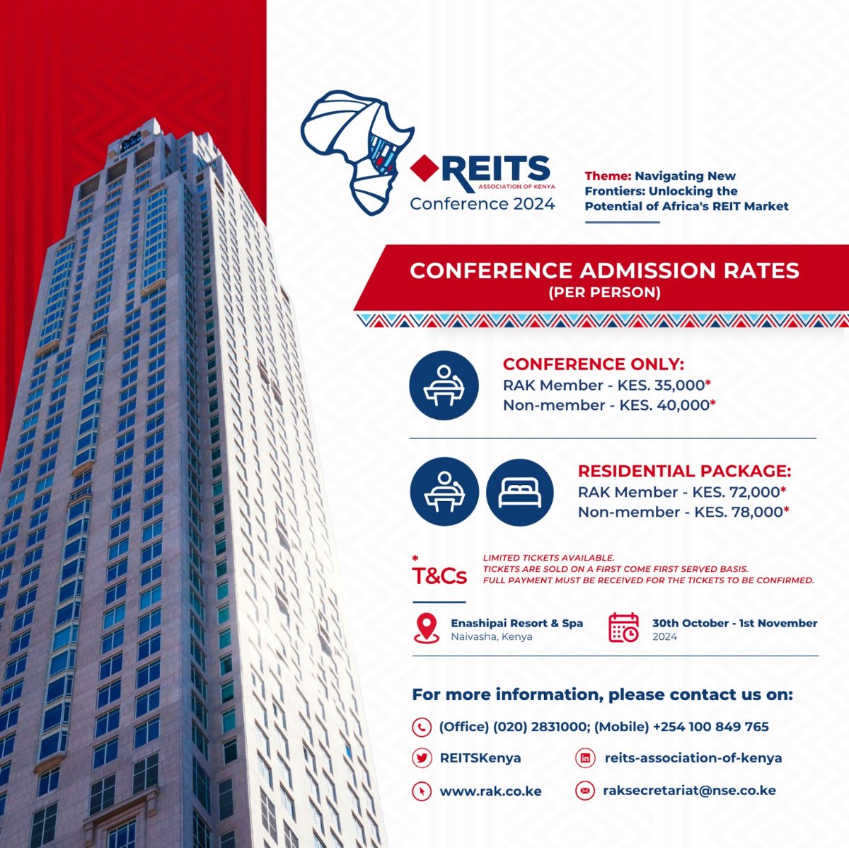 We're proud to endorse the upcoming RAK Conference 2024, 📅 30th October – 1st November 2024
📍 Enashipai Resort &amp; Spa - Naivasha
Don't miss this opportunity to explore the future of REITs in Africa. Check the poster for more.
#RAKConference2024 #APTAK #RealEstate #REITs