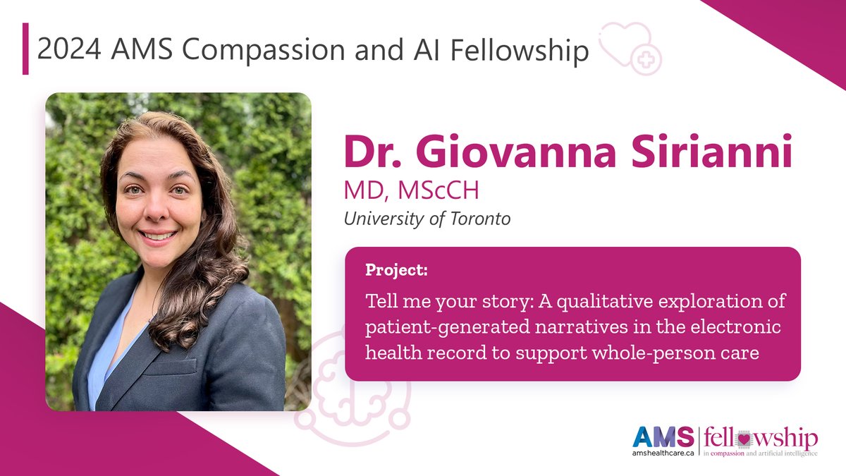 Congratulations, Dr. Giovanna Sirianni (<a href="/gio_sirianni/">Giovanna Sirianni</a>) on receiving the 2024 #AMSfellowship! 👏

Her project will explore how adding patient stories and values into electronic health records can enhance compassionate, whole-person care.

🔗 More here: ams-inc.on.ca/project/explor…