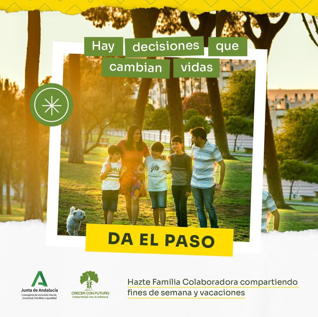 <a href="/IgualdadAND/">Inclusión Social, Juventud, Familias e Igualdad</a> <a href="/escueladopcion/">Familias A.A.C.</a> <a href="/ventanafamilia/">Ventana Abierta a la Familia</a> <a href="/CDOIA/">Observatorio Infancia y Adolescencia de Andalucía</a> <a href="/Asoc_Infania/">Infania</a> <a href="/platdeinfancia/">Plataforma de Infancia</a> ¿Sabes qué son las #FamiliasColaboradoras?

🟢Personas que comparten sus fines de semana y vacaciones con #menores tutelados como "Leo" para que puedan crecer con amor, seguridad y apoyo. 

Hay decisiones que cambian vidas. ¡#DaElPaso! 👇🏻
i.mtrbio.com/daelpaso 

#Andalucia