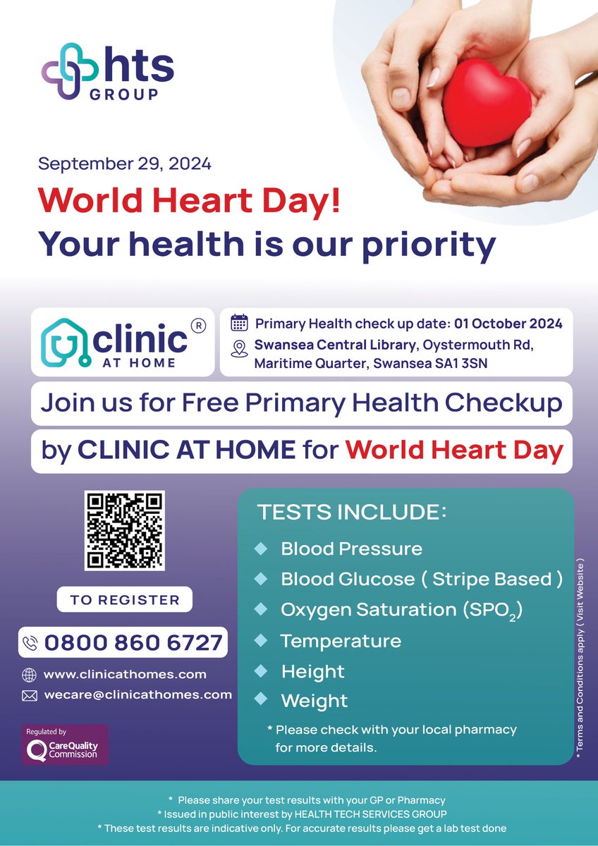 ClinicAtHome24's tweet photo. Happy #WorldHeartDay! 

Join us today at Swansea Central Library for FREE health check-ups, including blood pressure, glucose, and more. Your heart health is the foundation of a happy, vibrant life—don’t miss out on this important opportunity! 

#JoinUs #ClinicAtHome #HeartHealth https://t.co/qLjyzzDH9l