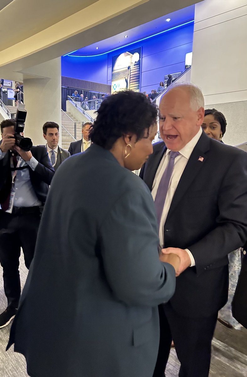 staceyabrams's tweet photo. Sending all my best to my good friend Gov. @Tim_Walz ahead of tonight’s Vice Presidential debate. Tim, your leadership and commitment to the American people will shine through. Show them what true leadership looks like! https://t.co/bMh8f3PTUO