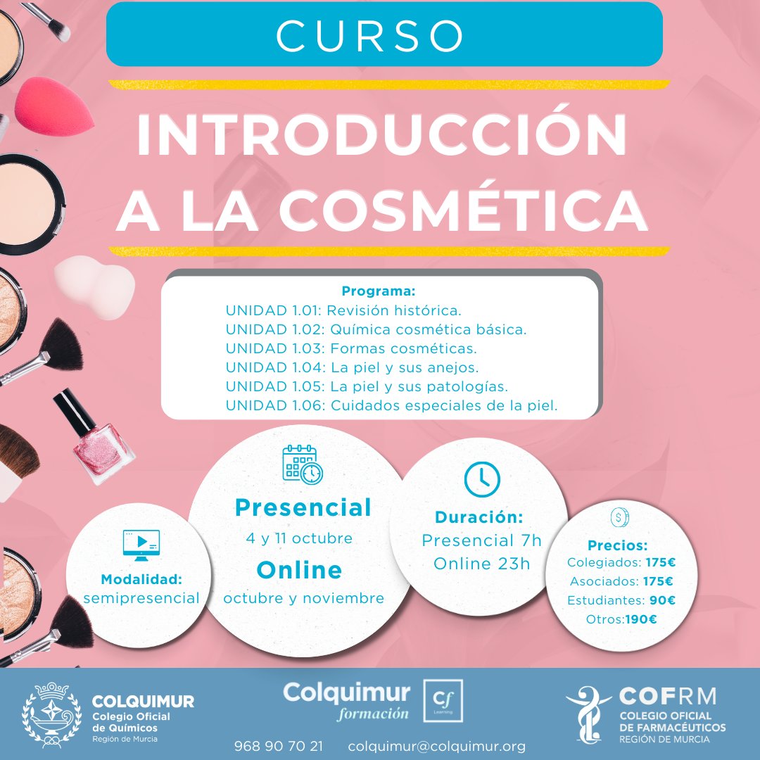 COLQUIMUR's tweet photo. Curso 👉🏼INTRODUCCIÓN A LA COSMÉTICA

📆 Del 4 octubre al 30 de noviembre de 2024
🧑🏼‍🏫 Modalidad Semipresencial.

Encuentra toda la información en 👉🏼 https://t.co/N1dEXNLNZg

¡Matricúlate ya! 
@cofmurcia #colquimur #colquimurformación #cosmética  #introducciónalacosmética #lapiel https://t.co/Cpfmvze6ZY