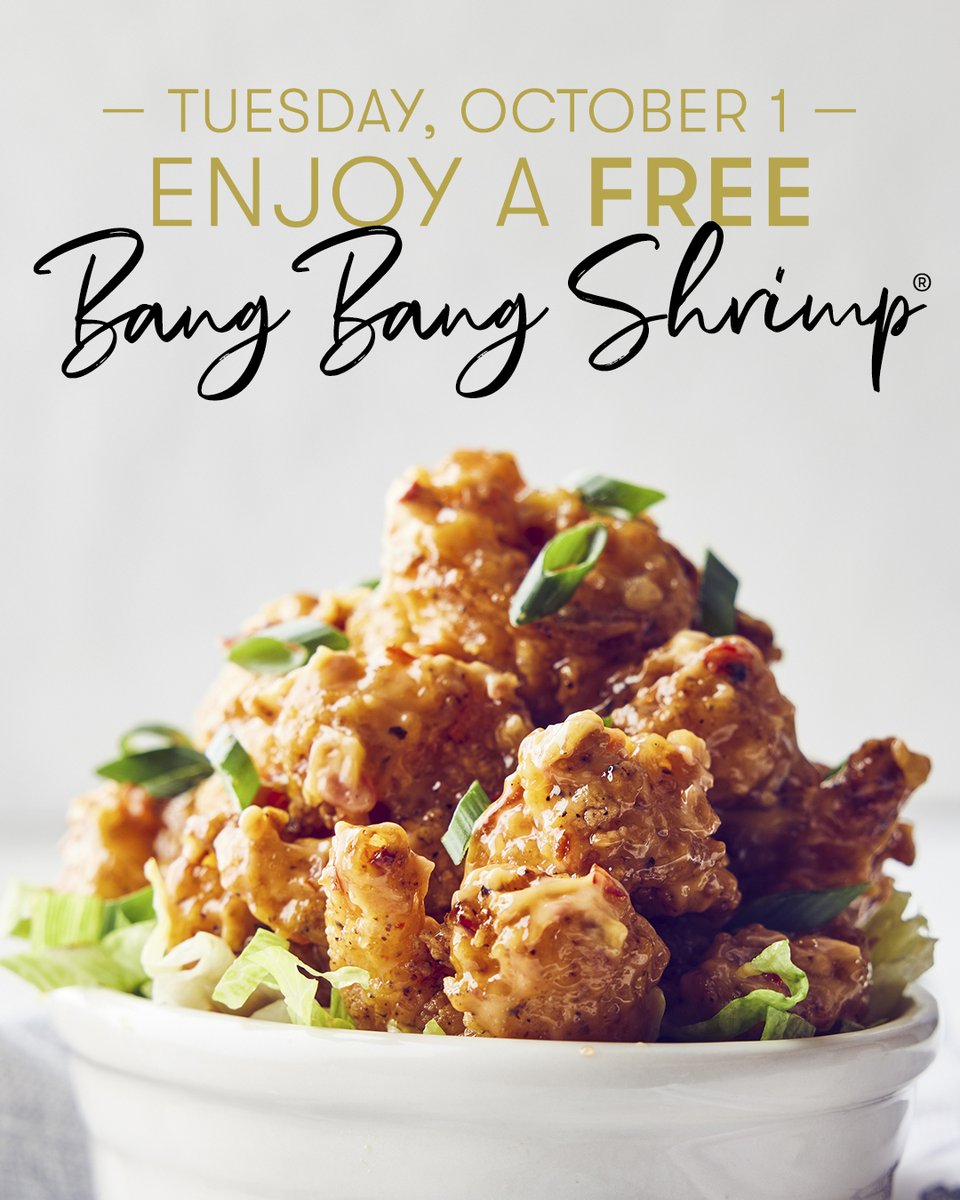 We're kicking off National Seafood Month with a FREE Bang Bang Shrimp® when you dine in on October 1st and spend $25 or more. 🍤 Sea you later for dinner! 😉