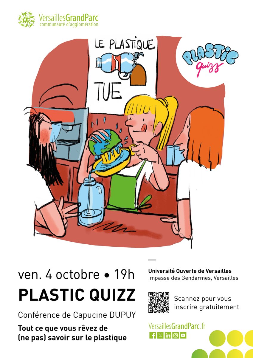 🔔 Vendredi 4 octobre dès 18h30
ℹ️ GRATUIT
➖
💡Venez échanger avec la journaliste et auteure Capucine Dupuy avant d’assister à une conférence-quizz tissée de dessins humoristiques qui changera votre regard sur le plastique !
✍️ Inscrivez-vous sur billetweb.fr/conference-qui…