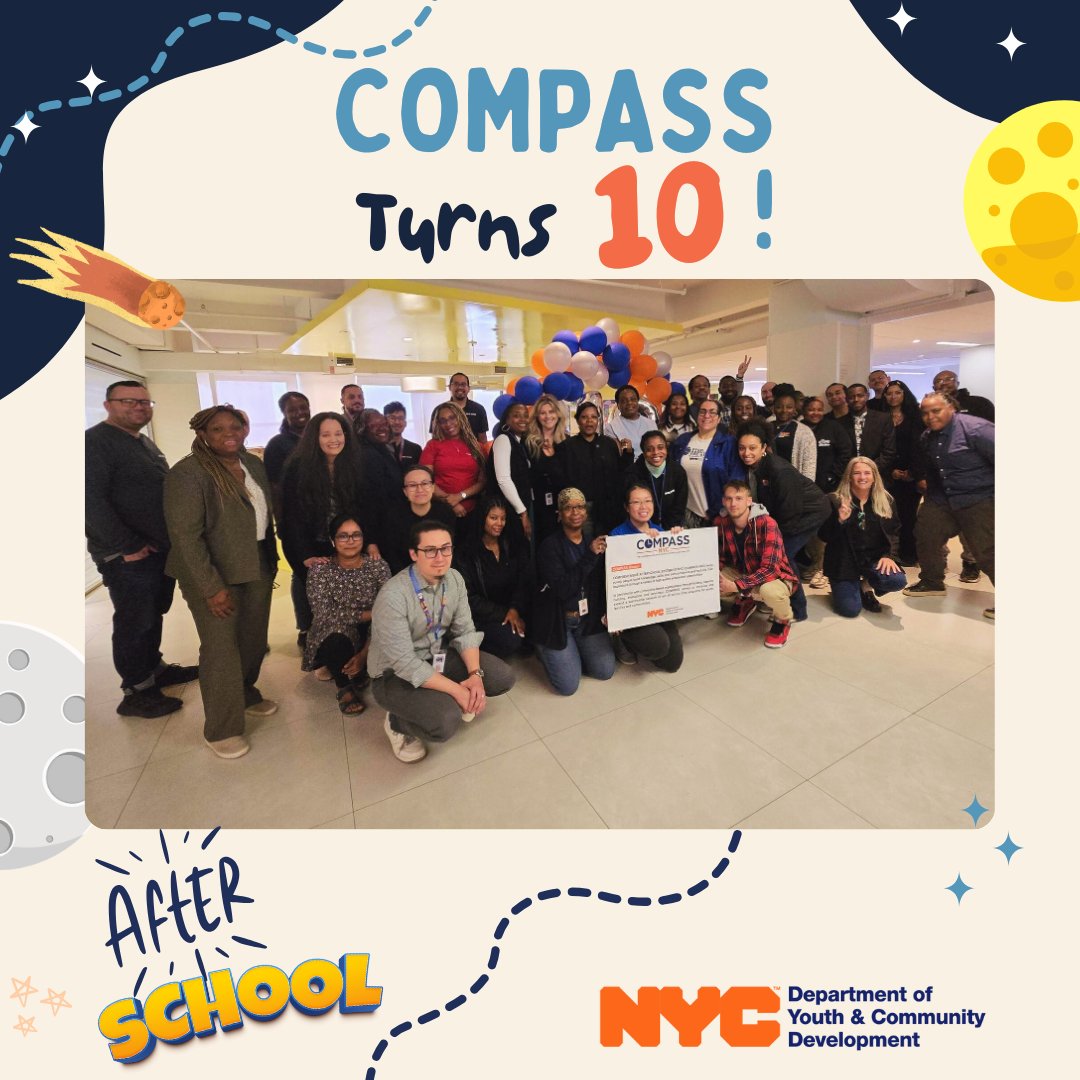 NYCYouth's tweet photo. 🎉 Cheers to 10 Years of COMPASS! 🥳

🌟 With over 890 programs for grades K-12, COMPASS (Comprehensive Afterschool System) provides free, high-quality afterschool activities that fuel academics, recreation, and leadership skills.

👉 Find a site near you: https://t.co/LYdaccSb4D https://t.co/QmHQ80s69F