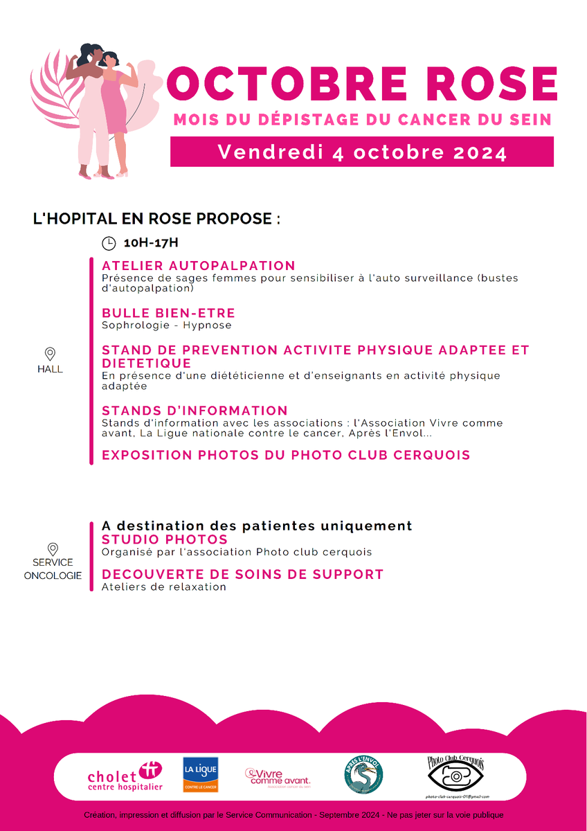 Centre Hospitalier de Cholet (@ch_cholet) on Twitter photo A l’occasion du mois de sensibilisation Octobre Rose Cholet, le <a href="/ch_cholet/">Centre Hospitalier de Cholet</a> se mobilise le vendredi 4 octobre 2024 pour sensibiliser à l’importance du dépistage et de l'autosurveillance à tout âge. A l’occasion du mois de sensibilisation Octobre Rose Cholet, le <a href="/ch_cholet/">Centre Hospitalier de Cholet</a> se mobilise le vendredi 4 octobre 2024 pour sensibiliser à l’importance du dépistage et de l'autosurveillance à tout âge.