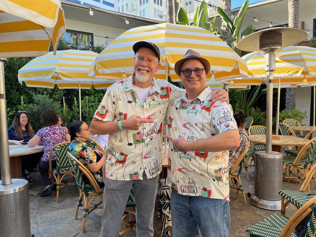 Last night at a kidlit barhopper event at the Roosevelt Hotel in Hollywood I met new people and caught up with friends, sharing our trials, tribulations and triumphs. 
I was surprised to see my friend David Steinberg there,  wearing the same shirt as me!