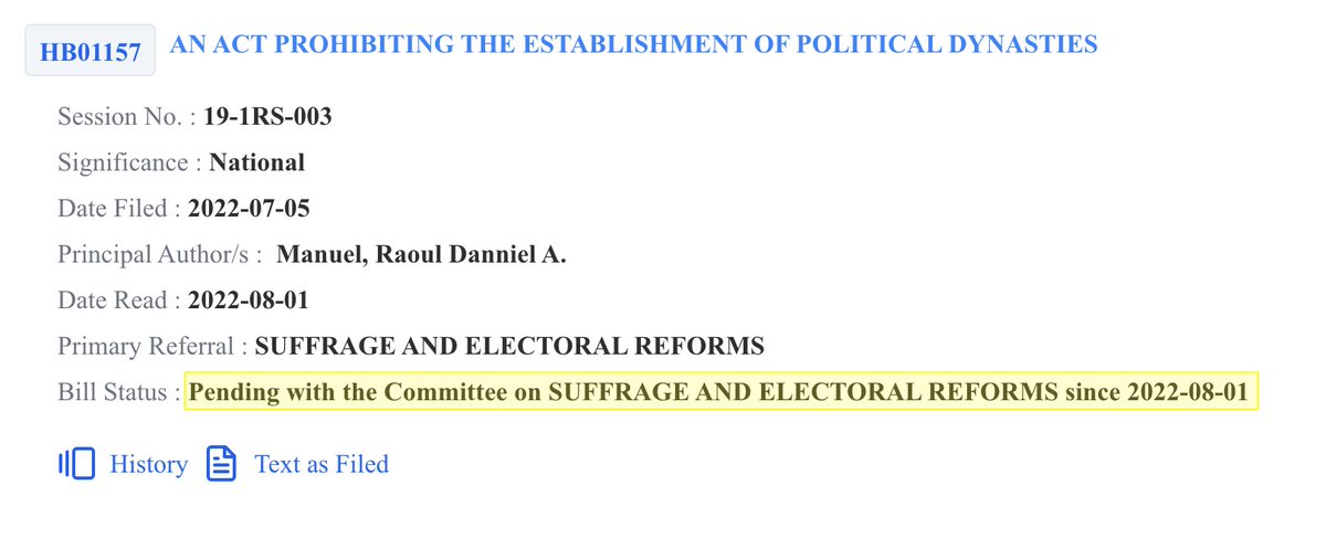 Not-so-Fun Fact: The Anti-Political Dynasty Bill is stuck in legislative limbo.

<a href="/BayanMuna/">BAYAN MUNA Partylist</a> filed the bill in 2001, 2004, 2007, 2010, and 2013. For 2016 and 2019, the entire <a href="/Makabayan2025/">Makabayan #TaumbayanSaSenado</a> Coalition refiled it.

Now, <a href="/KabataanPL/">KABATAAN PARTYLIST</a>'s refiled version has remained pending since 2022.