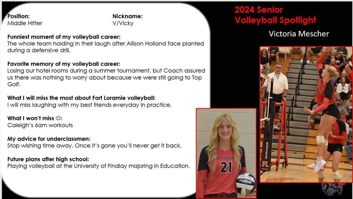 Thursday is our Senior Night!  Come out and support the 8 incredible seniors!  The 8th and final spotlight is on Victoria Mescher!