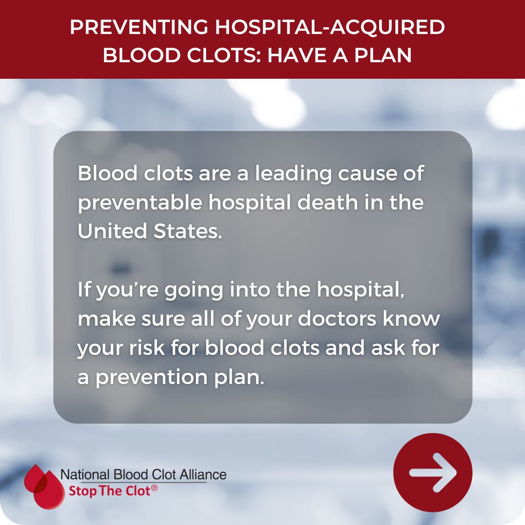 StopTheClot's tweet image. Before a hospital stay, it’s crucial to have a blood clot prevention plan. You may still be at risk for 90 days after you leave. Join us 10/8 for our PEP Talk on hospital-acquired blood clots with @elliotthaut of @HopkinsMedicine: bit.ly/Oct2024PEPTalk

#stoptheclot #peptalk