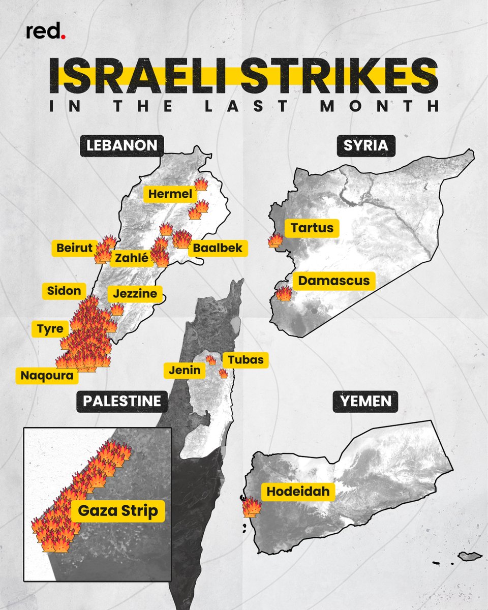 Israel’s aggression currently spans dozens of cities and four countries. Here is a map visualizing their most recent attacks.