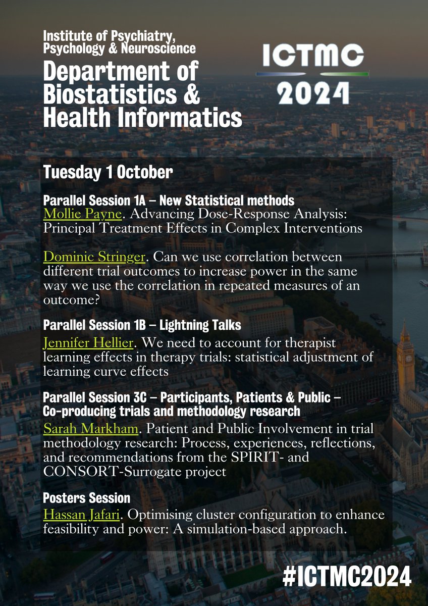 Institute of Psychiatry, Psychology & Neuroscience (@kingsioppn) on Twitter photo Lots of members of our Department of Biostatistics & Health Informatics <a href="/KCLBHI/">Biostatistics & Health Informatics at KCL</a> are at the International Clinical Trials Methodology Conference 2024 today! @ictmc2024
Todays presenters include <a href="/MollieStats/">Mollie Payne</a>, <a href="/DomJStringer/">Dominic Stringer</a>, Jennifer Hellier, <a href="/DrSMarkham/">Dr S Markham</a> & Hasan Jafari👩💼 Lots of members of our Department of Biostatistics & Health Informatics <a href="/KCLBHI/">Biostatistics & Health Informatics at KCL</a> are at the International Clinical Trials Methodology Conference 2024 today! @ictmc2024
Todays presenters include <a href="/MollieStats/">Mollie Payne</a>, <a href="/DomJStringer/">Dominic Stringer</a>, Jennifer Hellier, <a href="/DrSMarkham/">Dr S Markham</a> & Hasan Jafari👩💼