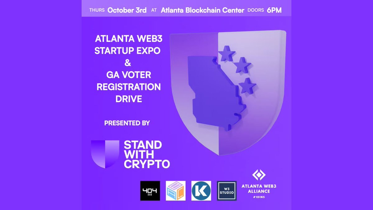 AtlantaChain's tweet photo. Hosted by the Atlanta Web3 Alliance (@404DAO, @AtlantaChain, @KittLabs, and @W3StudioATL) with support from Stand With Crypto, don't miss this opportunity to network with Atlanta's trailblazing entrepreneurs. Participate in our voter drive by checking your voter registration status while learning about the homegrown innovation happening right here in the city!

*Food and Drink will be provided.

Companies looking to participate:

Founders who would like to showcase their startup at the expo can apply using the following application. Applicants will be notified of selection two weeks out from the event. Spots are limited so make sure to apply early!

Sponsored by @StandWithCrypto

​​Stand with Crypto Alliance is an organization dedicated to raising the awareness of cryptocurrency and blockchain technology. 52M Americans and 19% of Georgians own crypto. Georgia has 30,000+ crypto advocates – that’s 3x the winning margin in the 2020 Presidential election. This election will be pivotal for crypto’s future in the U.S. and we’re calling on you to show your candidates that crypto matters.

About the Atlanta Web3 Alliance (AWA)

The Atlanta Web3 Alliance is an alliance formed between Atlanta's core web3 community leaders with the goal of building Atlanta into a premier hub for web3 innovation globally. The founding members include 404 DAO, Atlanta Blockchain Center, Kitt Labs, W3 Studio, and Jonathan King.

​This ambitious goal will be accomplished by focusing on four main pillars:

Ecosystem Activity: we aim to have a thriving ecosystem of startups, scaled companies, large corporate participants, investors, developers, and universities operating in web3.
​Mindshare: we expect Atlanta to be spoken about as a top global city in web3 by thought leaders in Atlanta and across the world.
​Events: we will make Atlanta the home for global Crypto events and also local gatherings.
​Policy: we will engage local and state government officials to support web3 legislative initiatives.
​To learn more about the Atlanta Web3 Alliance and our founding members, please visit our website.
