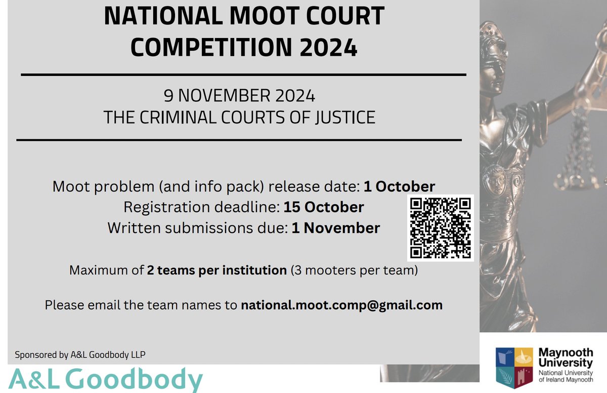 Fergus Ryan/Fearghus Ó Riain (@ferguswryan) on Twitter photo Delighted that <a href="/MaynoothLaw/">MU School of Law & Criminology</a> is hosting the National Moot Court Competition 2024. Details below. I would be grateful if you could promote to students <a href="/ULSchoolofLaw/">UL School of Law</a>, <a href="/UCDLawSchool/">UCD Sutherland School of Law</a>, <a href="/TCDLawSchool/">TCD Law School</a> <a href="/UniofGalwayLaw/">University of Galway Law</a>, <a href="/LAWTUDublin/">LAW@TUDublin</a>, <a href="/LawUCC/">UCC School of Law</a>, <a href="/LawGovDCU/">Law and Gov DCU</a>, <a href="/qubschooloflaw/">QUB School of Law</a> (thanks!) Delighted that <a href="/MaynoothLaw/">MU School of Law & Criminology</a> is hosting the National Moot Court Competition 2024. Details below. I would be grateful if you could promote to students <a href="/ULSchoolofLaw/">UL School of Law</a>, <a href="/UCDLawSchool/">UCD Sutherland School of Law</a>, <a href="/TCDLawSchool/">TCD Law School</a> <a href="/UniofGalwayLaw/">University of Galway Law</a>, <a href="/LAWTUDublin/">LAW@TUDublin</a>, <a href="/LawUCC/">UCC School of Law</a>, <a href="/LawGovDCU/">Law and Gov DCU</a>, <a href="/qubschooloflaw/">QUB School of Law</a> (thanks!)