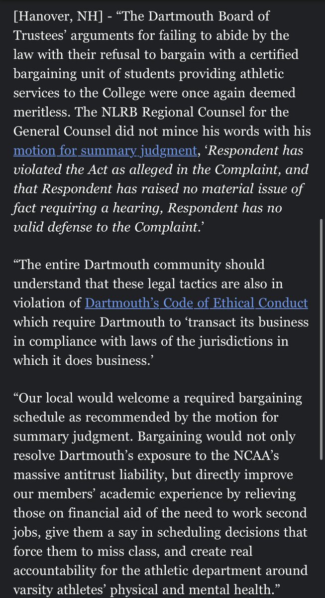 SEIU Local 560, the union representing Dartmouth men’s basketball players, released a statement on winning their ULP against the school for refusing to bargain with them: