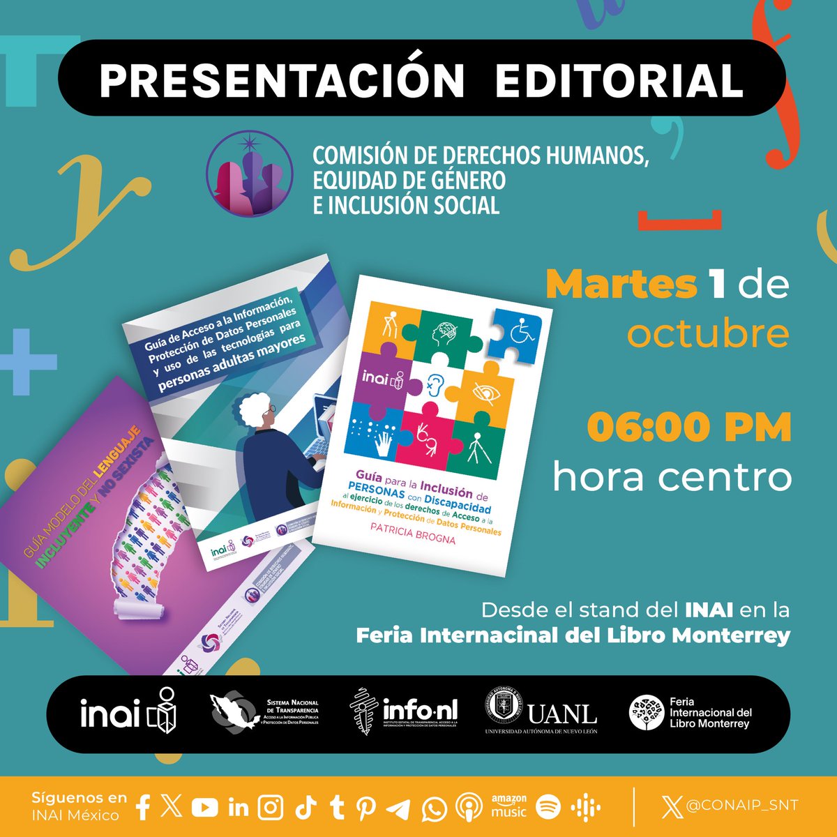 #NoTeLoPierdas
Seguimos en la <a href="/FeriaLibroMty/">Feria Internacional del Libro Monterrey</a>, hoy con la Presentación de las Guías de la Comisión de Derechos Humanos, Género e Inclusión Social. <a href="/cdhegis/">@CDHEGIS</a> 

🕣 18:00 horas