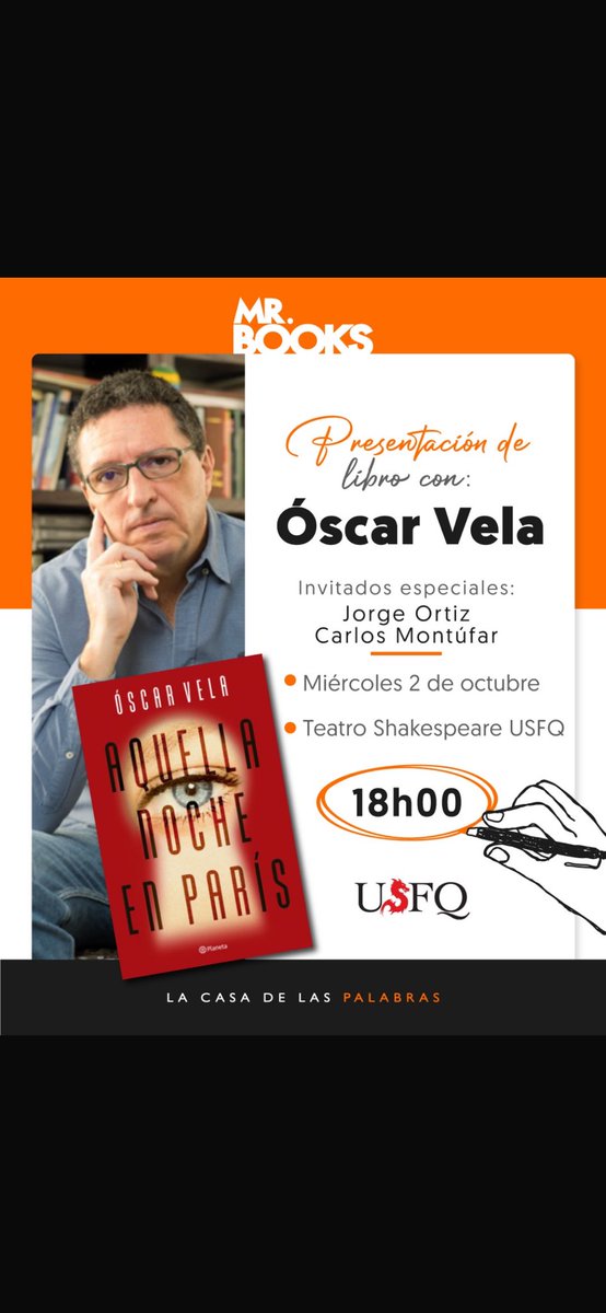 oscar vela (@oscarvelad) on Twitter photo Mañana miércoles 2 de octubre nos vemos en el teatro Shakespeare de la USFQ, 18:00. Conversaremos con Jorge Ortiz y Carlos Montúfar sobre “Aquella noche en París”. Les esperamos. <a href="/PlanetaLibrosEc/">🇪🇨 Planeta de Libros Ecuador</a> <a href="/PlanetaLibrosCo/">Planeta de Libros Colombia 🇨🇴</a> <a href="/MrBooksEC/">Mr. Books</a> <a href="/felipevela2001/">Felipe Vela</a> Mañana miércoles 2 de octubre nos vemos en el teatro Shakespeare de la USFQ, 18:00. Conversaremos con Jorge Ortiz y Carlos Montúfar sobre “Aquella noche en París”. Les esperamos. <a href="/PlanetaLibrosEc/">🇪🇨 Planeta de Libros Ecuador</a> <a href="/PlanetaLibrosCo/">Planeta de Libros Colombia 🇨🇴</a> <a href="/MrBooksEC/">Mr. Books</a> <a href="/felipevela2001/">Felipe Vela</a>