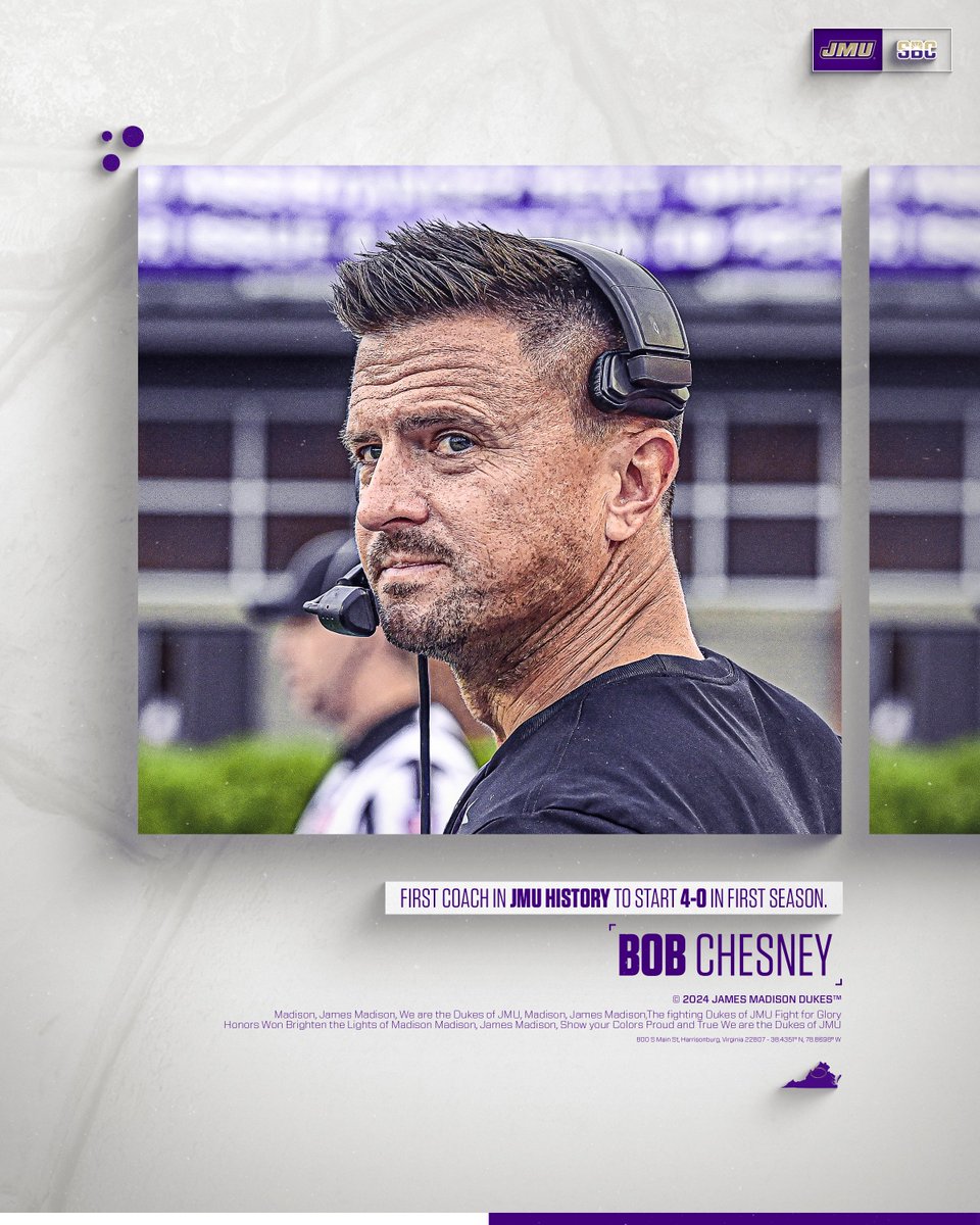JMUFootball's tweet photo. A Perfect September. ✅

Coach Chesney is the first coach in JMU history to go unbeaten in his first month at the helm!

#GoDukes https://t.co/nbPCZ3ENrT