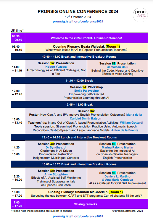 ⬇️4 reasons to register for our #PronSIG2024 #October #conference !

1) Discussing an important topic: AI and its potential impact on #pronunciation teaching.

2) 10 sessions to choose from!

3) Networking !

4) Access to the recordings!

Register now! 🔗pronsig.iatefl.org/conference2024/