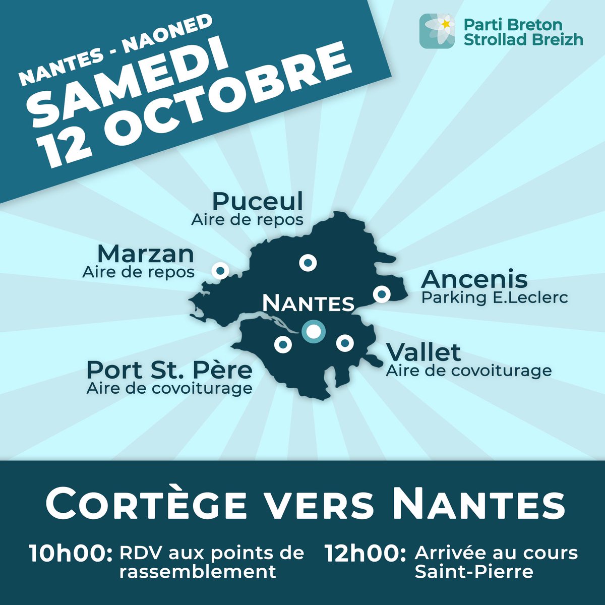 PartiBreton's tweet photo. 🚨 MANIFESTONS POUR LA RÉUNIFICATION !

➡️ Nous appellons tous les Bretons à défiler dans les rues de Nantes le 12 octobre pour défendre notre pays et ses 5 départements.

➡️ https://t.co/XuxUnXNdtB https://t.co/zOwmkhHmlG