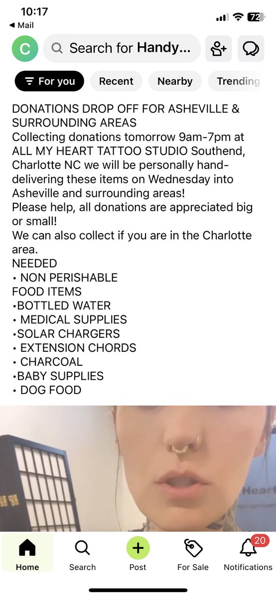 #Helene DONATIONS DROP OFF FOR #ASHEVILLE &amp; SURROUNDING AREAS

Collecting donations tomorrow 9am-7pm at ALL MY HEART TATTOO STUDIO Southend

214 West Tremont Ave 
Suite 100
Charlotte, NC 28203

“we will be personally hand-delivering these items on Wednesday into Asheville.” 
1/
