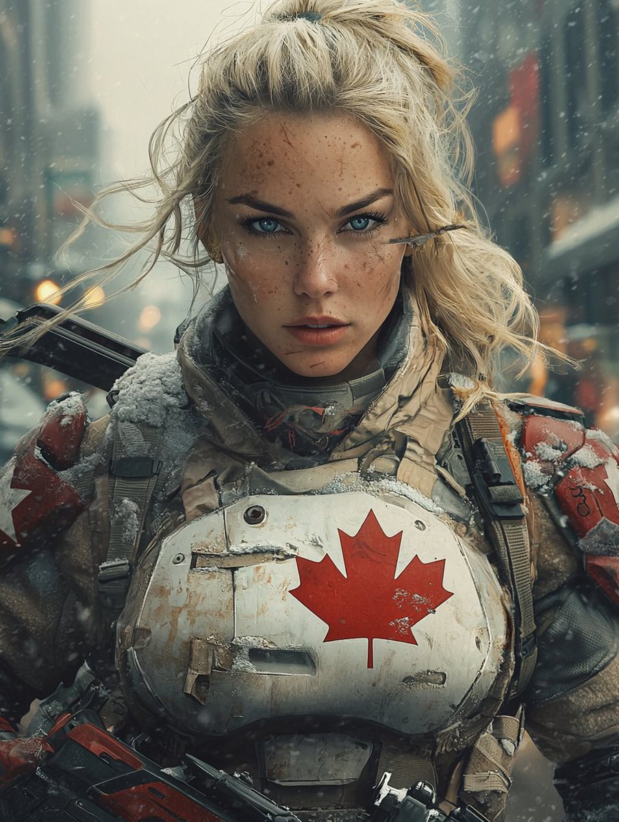 RobotCleopatra's tweet image. Prompt: A blonde female mercenary wearing a white and red uniform with the [Your] flag on her chest. She has blue eyes and long hair in a messy ponytail hairstyle. She is holding an assault rifle. The background is a futuristic city street covered in snow at night, with cinematic…