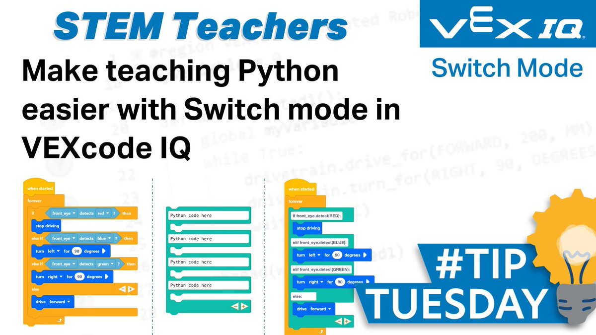 VEXRoboticsUK's tweet image. This #VEXTipTuesday is for #STEMTeachers!

Make teaching Python easier, with Switch mode in VEXcode IQ!

The transition from block to text-based coding can be daunting, but with Switch mode in VEXcode IQ, you can teach Python with the ease of blocks.

Switch lets you use #Python