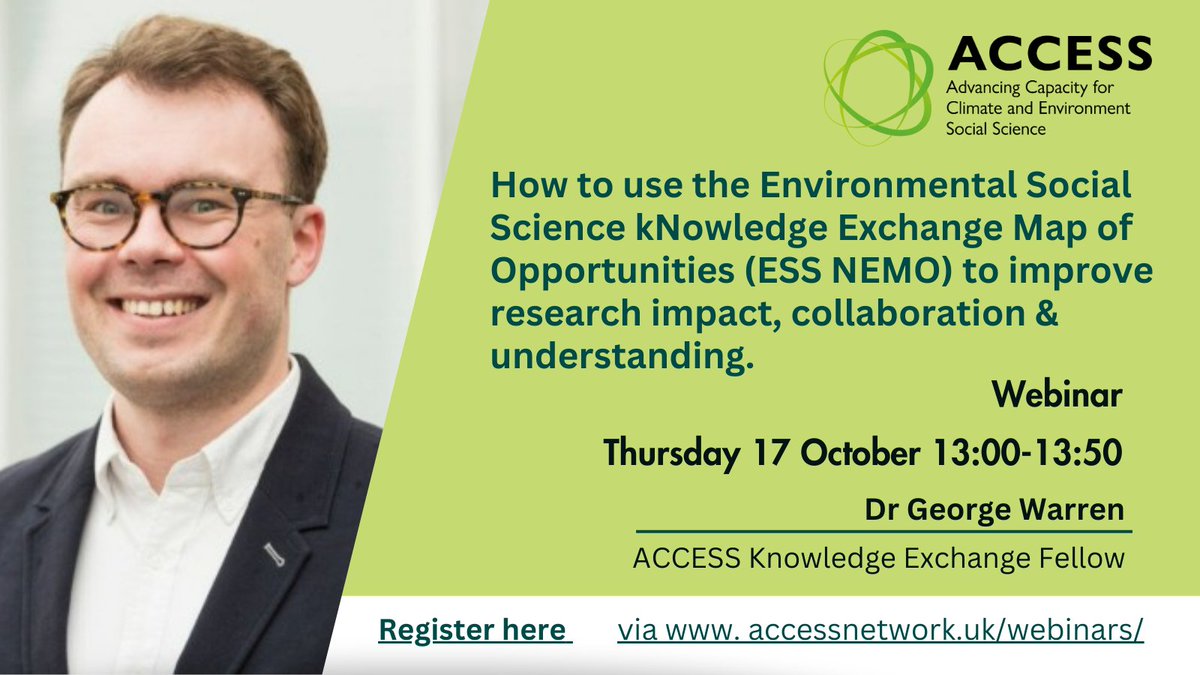 ACCESS Network (@_accessnetwork) on Twitter photo Join George on Thursday 17 October to understand how the #EnvironmentalSocialScience Knowledge Exchange Map can help you improve research collaboration and impact.
Free <a href="/_ACCESSnetwork/">ACCESS Network</a> webinar
Register here rb.gy/em16zc Join George on Thursday 17 October to understand how the #EnvironmentalSocialScience Knowledge Exchange Map can help you improve research collaboration and impact.
Free <a href="/_ACCESSnetwork/">ACCESS Network</a> webinar
Register here rb.gy/em16zc