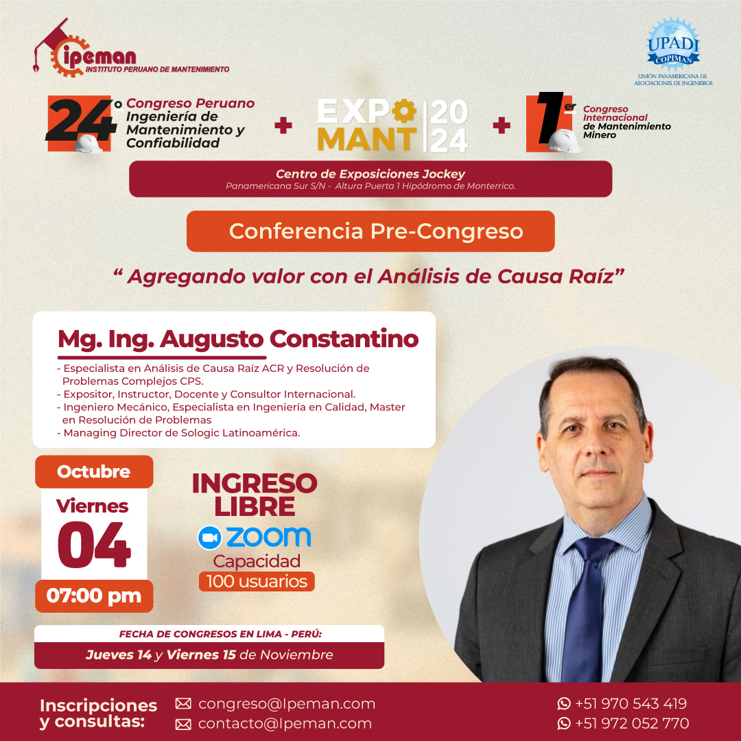 SologicLatAm's tweet photo. ¡Nos acercamos al Congreso Peruano de Ingeniería, Mantenimiento y Confiabilidad! ⚙️

Antes del gran evento, Augusto Constantino, Director de Sologic Latinoamérica, estará brindando una conferencia pre congreso "Agregando valor con el Análisis de Causa Raíz" https://t.co/9CwgH84cyI