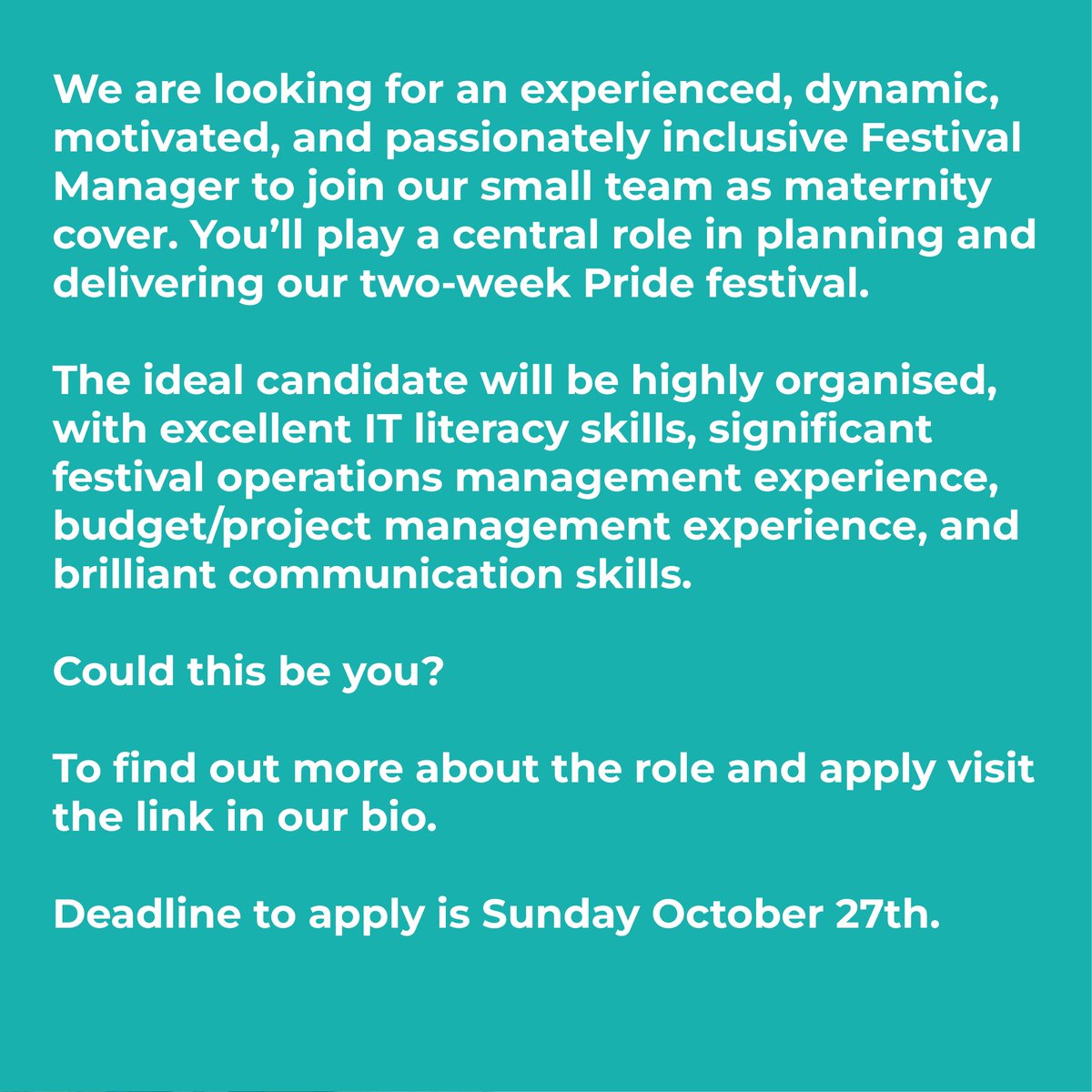 We are hiring! Bristol Pride are looking for a Festival Manager (Maternity Cover) - for more info &amp; to apply, head to the link below ⬇️ 
bristolpride.co.uk/festival-manag…