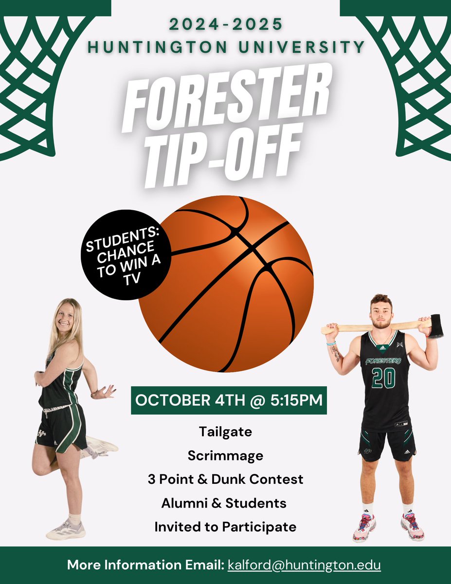 Join us in Platt Arena on Friday, October 4th at 5:15pm for our Forester Tip-Off event! 

🍔🌭🌮Tailgate from 4-7:30pm. 
🏀 Scrimmage, Dunk Contest, and 3-Point Contest
🚨 Students have a chance to win a free TV
🚨 Alumni and students invited to participate